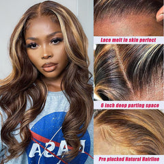 Clearance Body Wave Highlight Lace Front Wigs Human Hair 13X6 Hd T Lace Front Wigs Pre Plucked 4/27 Colored 180% Density HD Honey Blond Wigs for Black Women Ombre Transparent Lace Wig (18 Inch)