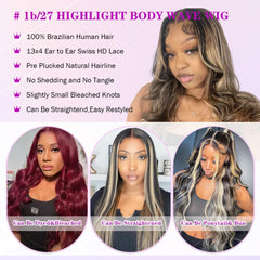 Ombre Lace Front Wig Human Hair Pre Plucked 1B/27 Highlight Lace Front Wig Human Hair with Baby 180 Density 13X4 Body Wave Colored Lace Front Wigs Human Hair Glueless Wigs 20 Inch