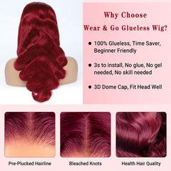 Wear and Go Glueless Wigs Human Hair Pre Plucked Pre Cut 5X5 HD Lace Closure Wigs Human Hair 99J Burgundy Lace Front Wigs Human Hair for Beginners 180% Density Body Wave Ready to Wear Wigs 20 Inch