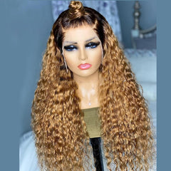 Omber Brown 27 Jerry Curly Lace Front Wigs Human Hair Colored Lace Frontal Wig for Women 4X4 HD Lace Blonde Curly Wig Human Hair Pre Plucked with Baby Hair 200% Density