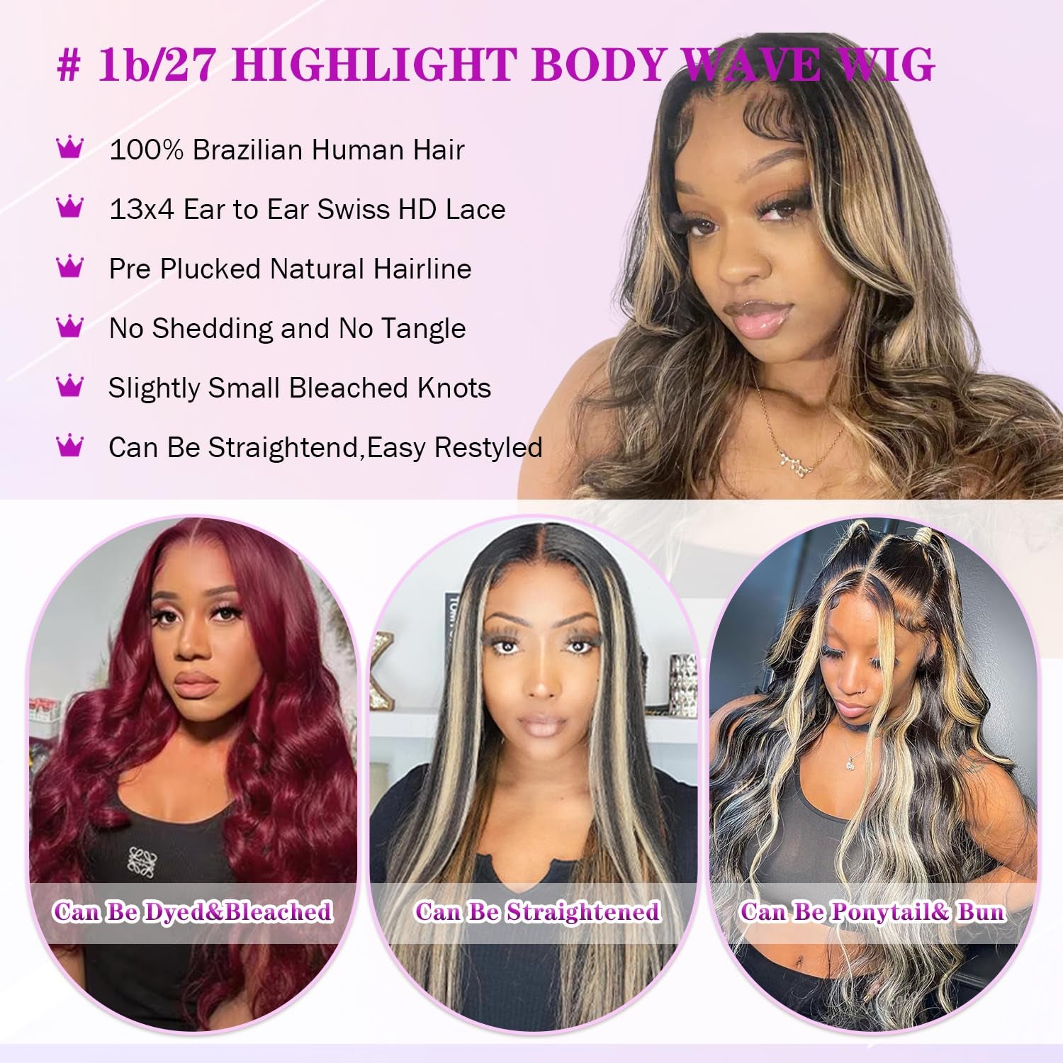 Ombre Lace Front Wig Human Hair Pre Plucked 1B/27 Highlight Lace Front Wig Human Hair with Baby 180 Density 13X4 Body Wave Colored Lace Front Wigs Human Hair Glueless Wigs 20 Inch