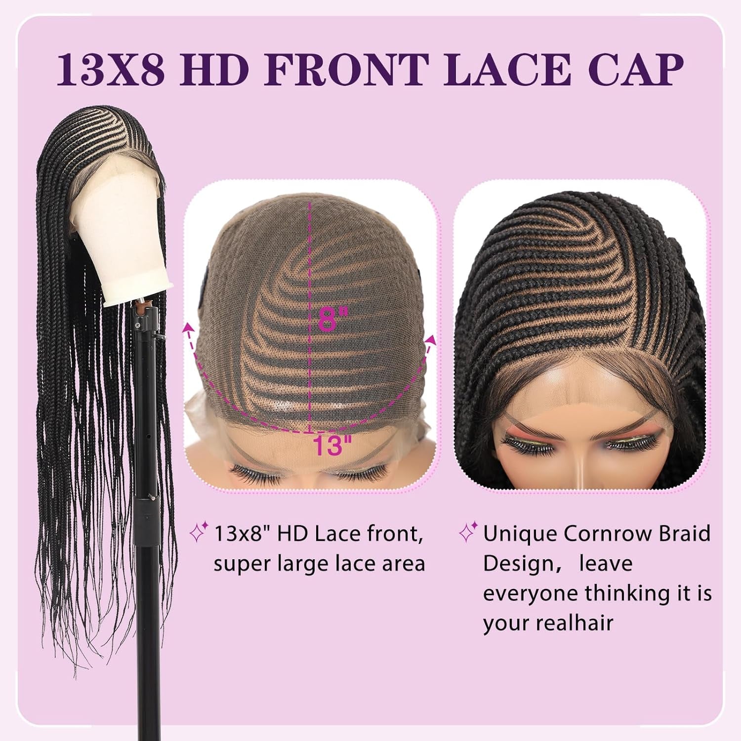 13X8 HD Lace Front Cornrow Braided Wigs Leomonde Box Braid Wig with Baby Hair 36 Inch Long Black Braided Hair Wig for Women