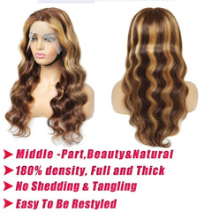 Clearance Body Wave Highlight Lace Front Wigs Human Hair 13X6 Hd T Lace Front Wigs Pre Plucked 4/27 Colored 180% Density HD Honey Blond Wigs for Black Women Ombre Transparent Lace Wig (18 Inch)